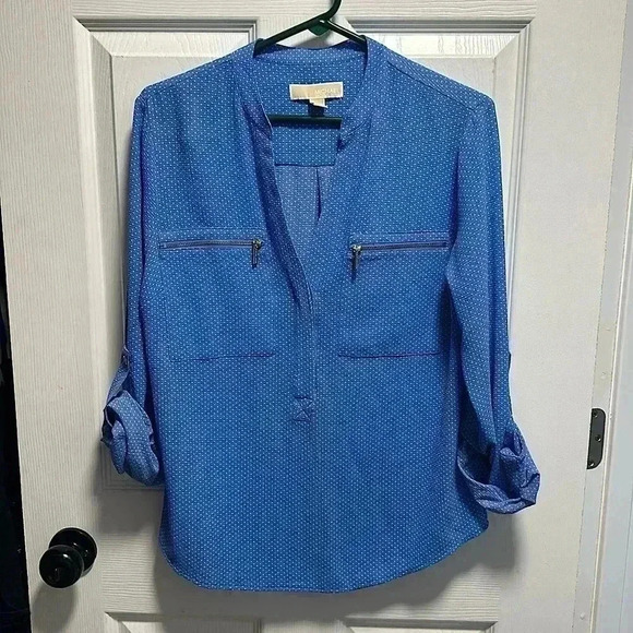 MICHAEL KORS BLUE POLKA DOT DRESS SHIRT WITH GOLD HARDWARE - Picture 2 of 4